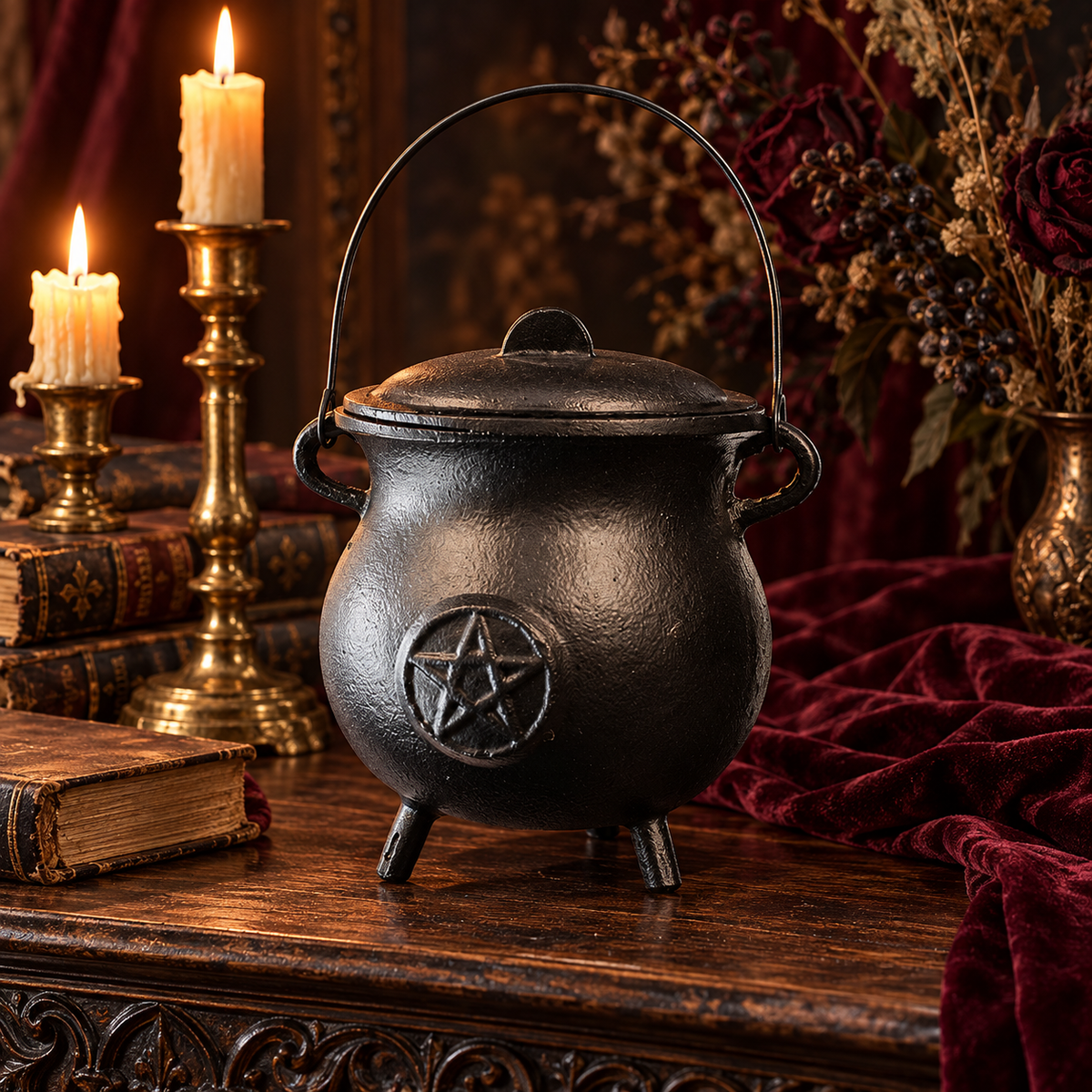 Grand chaudron rituel en fonte - Pentacle 23×18 cm