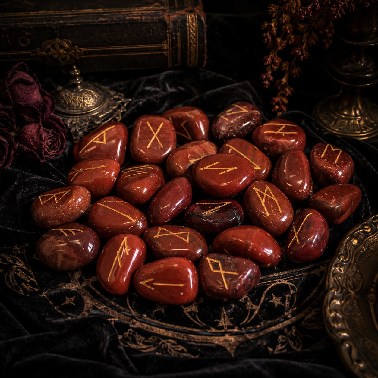 Runes en jaspe rouge - Set de 25 pierres