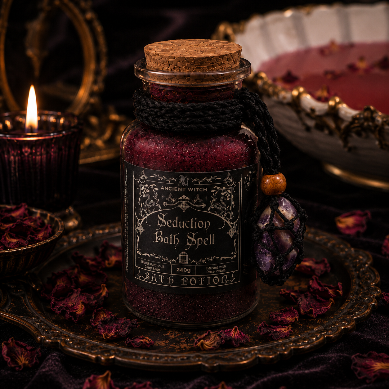 Seduction Bath Spell - Potion de bain au patchouli, sauge sclarée & amulette d’améthyste