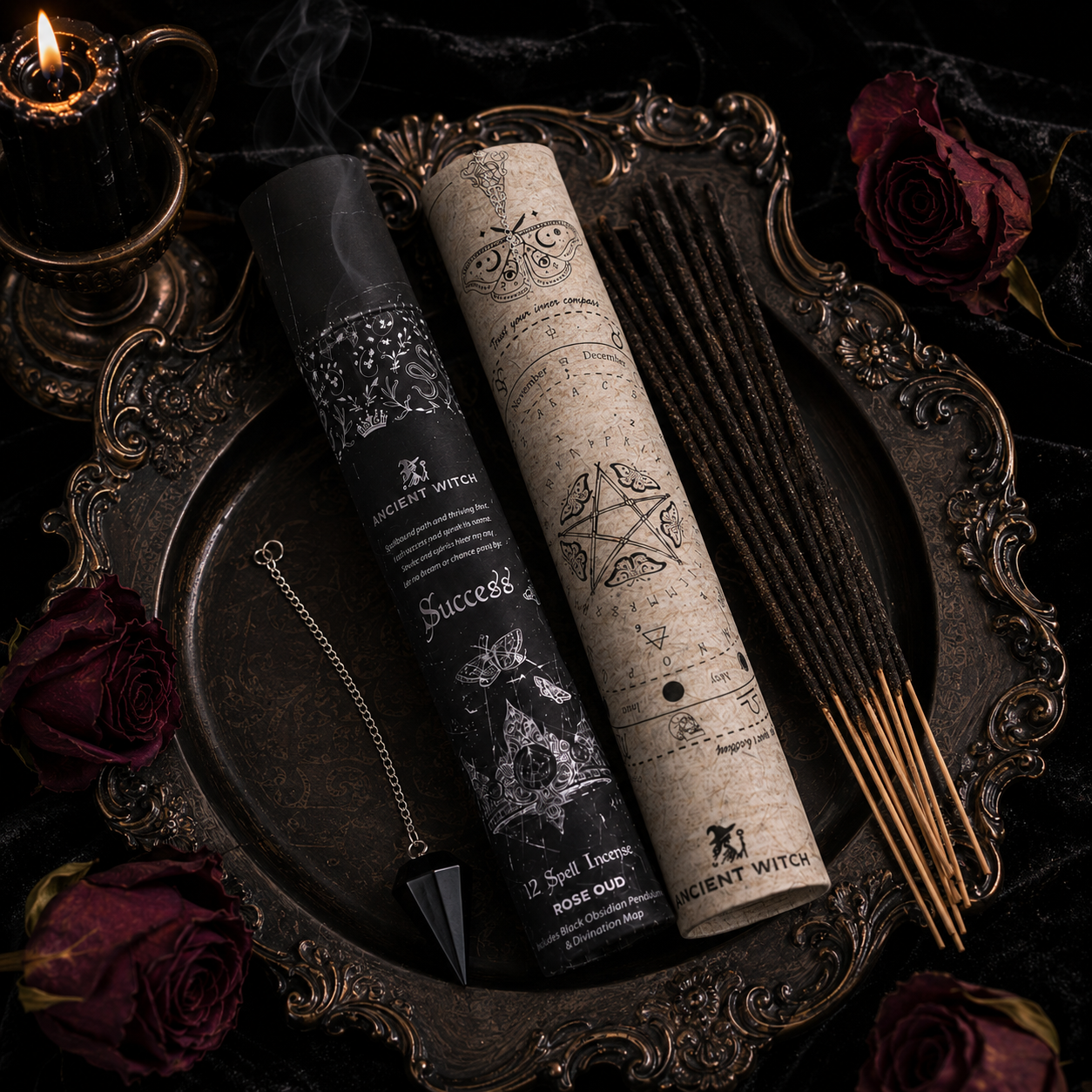 Encens rituel Rose Oud & pendule en obsidienne noire